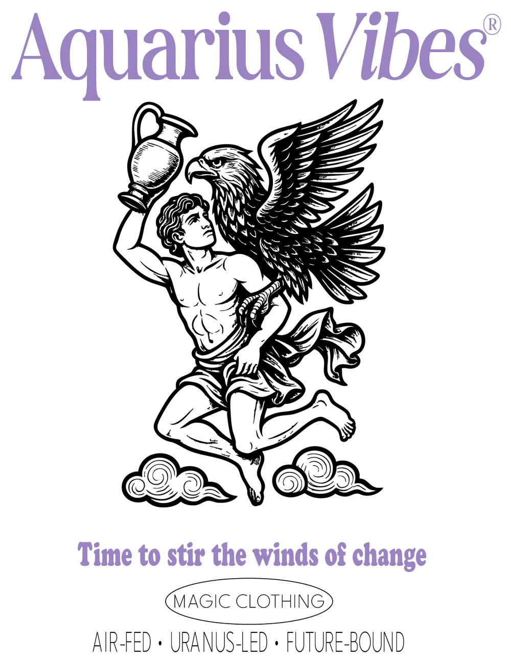 Design Aquarius Vibes, version adulte : un jeune homme en plein envol, une amphore levée, un aigle contre son épaule, « Time to stir the winds of change »