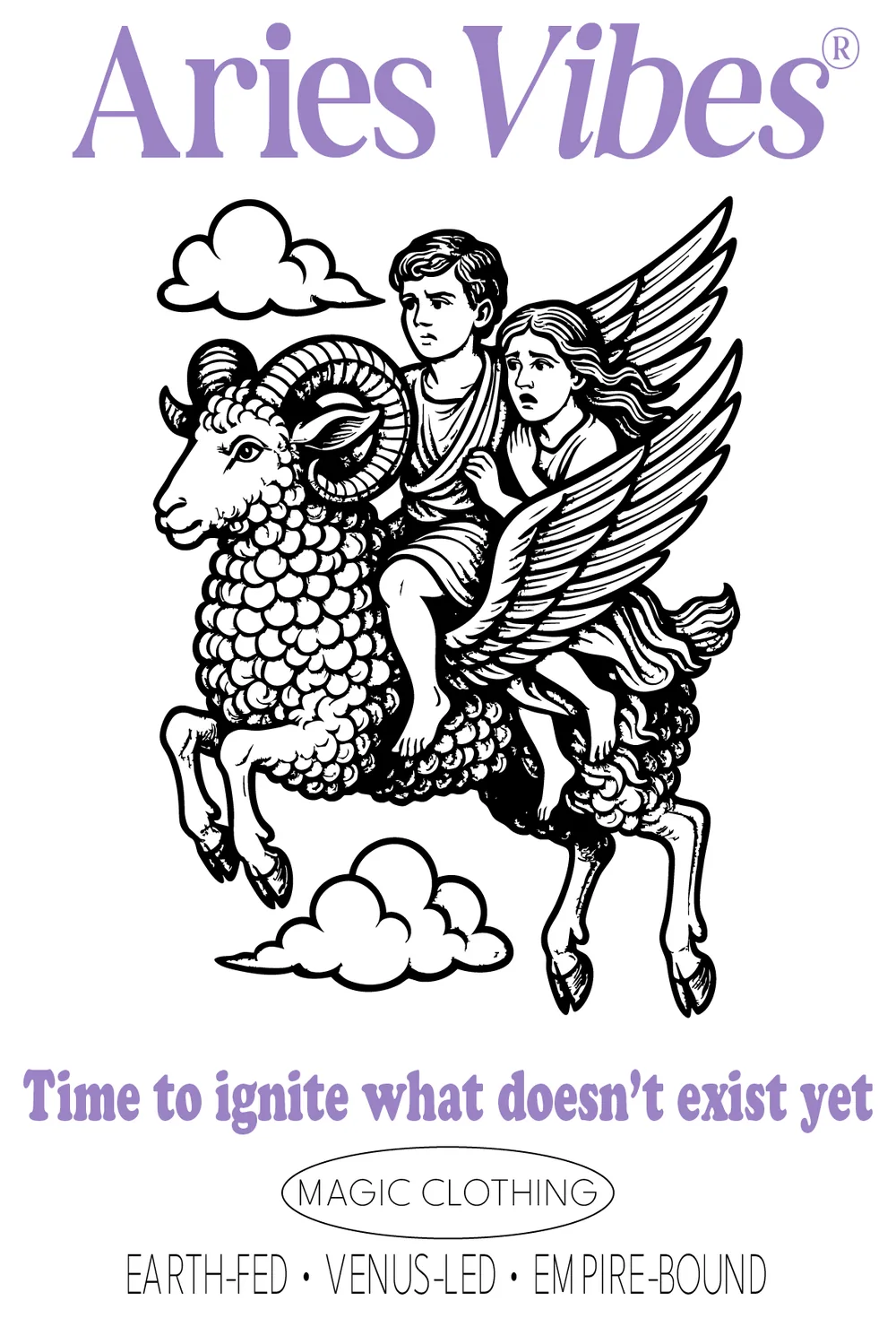 Design Aries Vibes, version adulte : deux enfants ailés cramponnés à un bélier qui bondit entre les nuages, « Time to ignite what doesn't exist yet »
