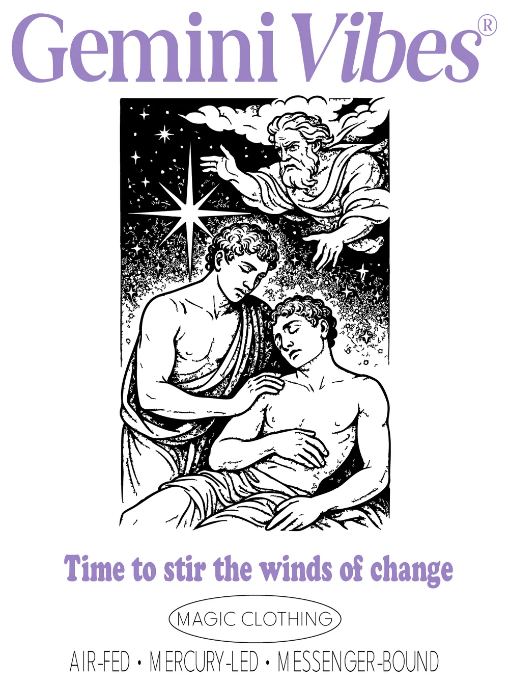 Design Gemini Vibes, version adulte : deux jeunes hommes, l'un soutenant l'autre sous une étoile, un dieu penché au-dessus, « Time to stir the winds of change »